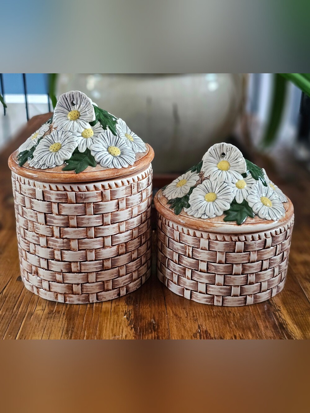 Vintage 70's Ceramic Basket Weave Canister Set